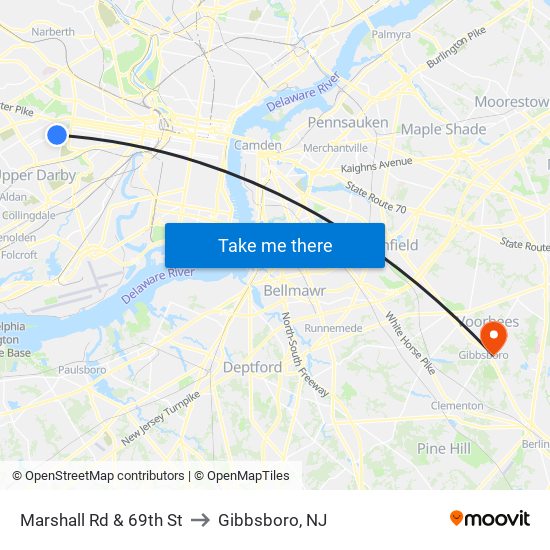 Marshall Rd & 69th St to Gibbsboro, NJ map