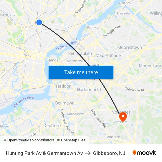 Hunting Park Av & Germantown Av to Gibbsboro, NJ map