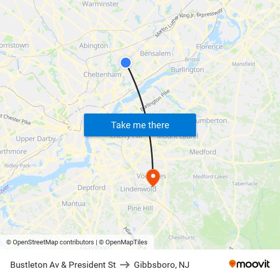 Bustleton Av & President St to Gibbsboro, NJ map