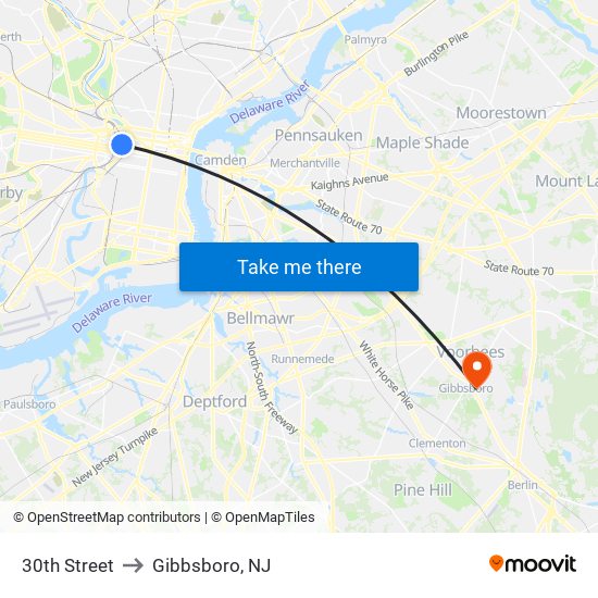 30th Street to Gibbsboro, NJ map