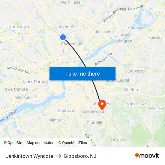 Jenkintown Wyncote to Gibbsboro, NJ map