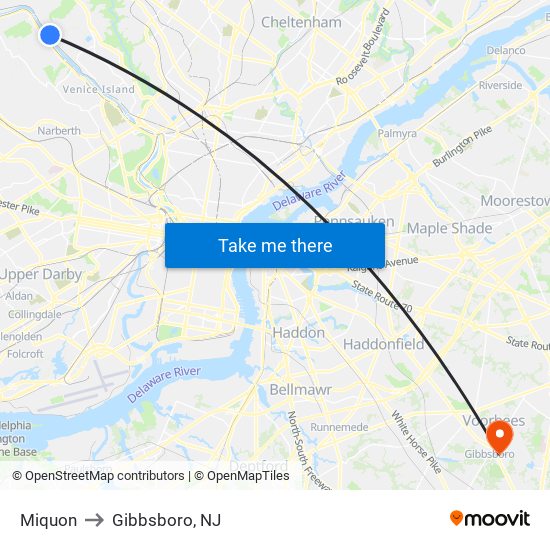 Miquon to Gibbsboro, NJ map