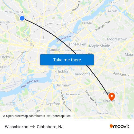 Wissahickon to Gibbsboro, NJ map