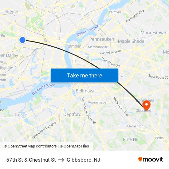 57th St & Chestnut St to Gibbsboro, NJ map