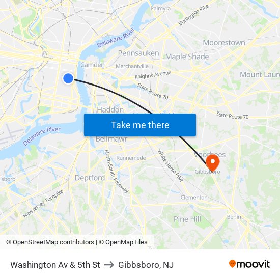 Washington Av & 5th St to Gibbsboro, NJ map