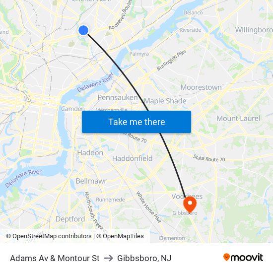 Adams Av & Montour St to Gibbsboro, NJ map