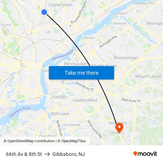 66th Av & 8th St to Gibbsboro, NJ map