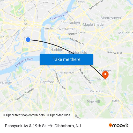 Passyunk Av & 19th St to Gibbsboro, NJ map