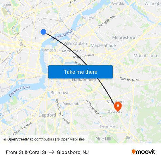 Front St & Coral St to Gibbsboro, NJ map