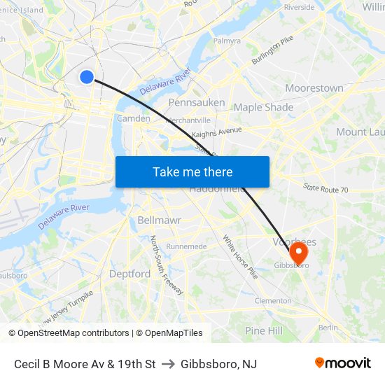 Cecil B Moore Av & 19th St to Gibbsboro, NJ map