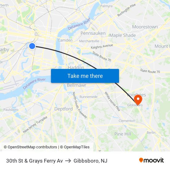 30th St & Grays Ferry Av to Gibbsboro, NJ map