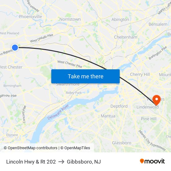 Lincoln Hwy & Rt 202 to Gibbsboro, NJ map