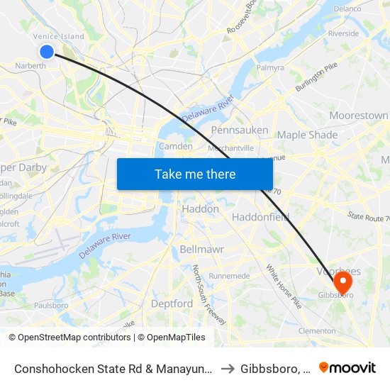 Conshohocken State Rd & Manayunk Rd to Gibbsboro, NJ map