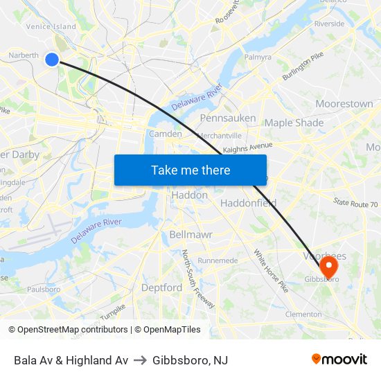 Bala Av & Highland Av to Gibbsboro, NJ map
