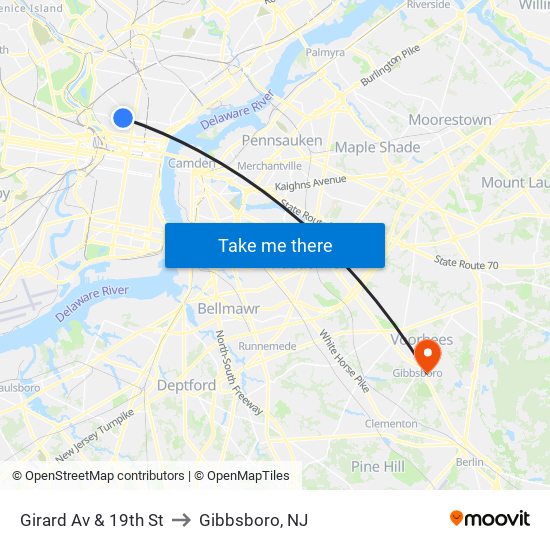 Girard Av & 19th St to Gibbsboro, NJ map