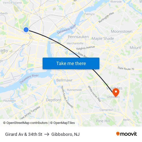 Girard Av & 34th St to Gibbsboro, NJ map