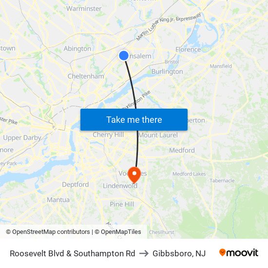 Roosevelt Blvd & Southampton Rd to Gibbsboro, NJ map