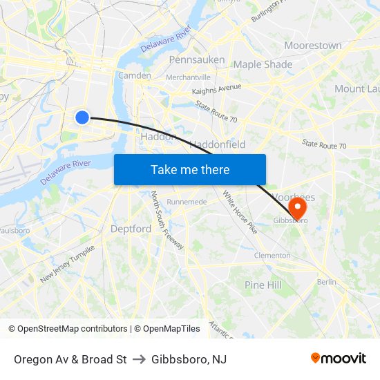 Oregon Av & Broad St to Gibbsboro, NJ map