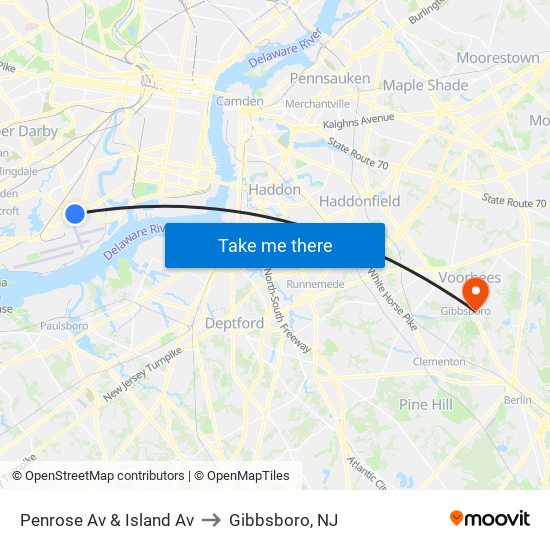 Penrose Av & Island Av to Gibbsboro, NJ map