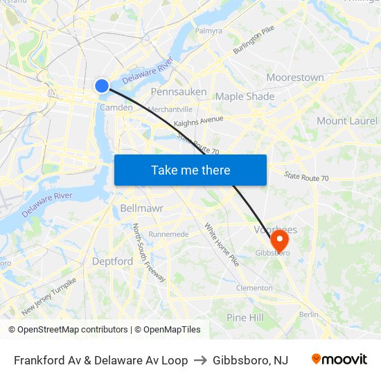 Frankford Av & Delaware Av Loop to Gibbsboro, NJ map
