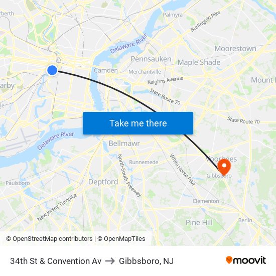 34th St & Convention Av to Gibbsboro, NJ map