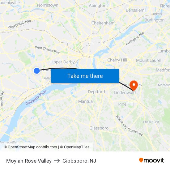 Moylan-Rose Valley to Gibbsboro, NJ map