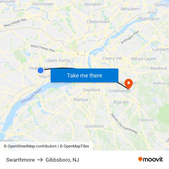 Swarthmore to Gibbsboro, NJ map