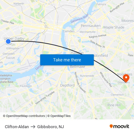 Clifton-Aldan to Gibbsboro, NJ map