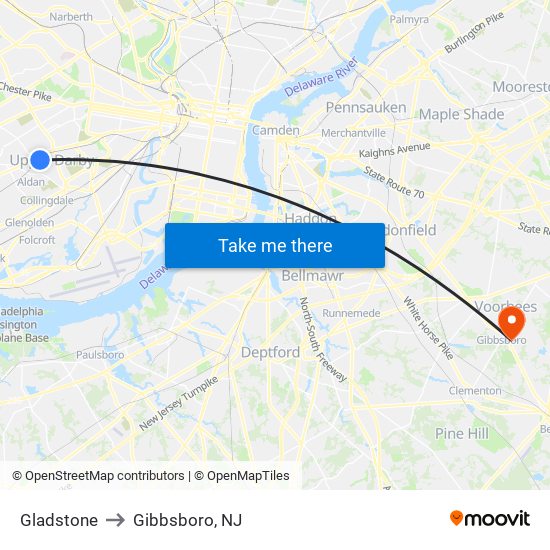 Gladstone to Gibbsboro, NJ map
