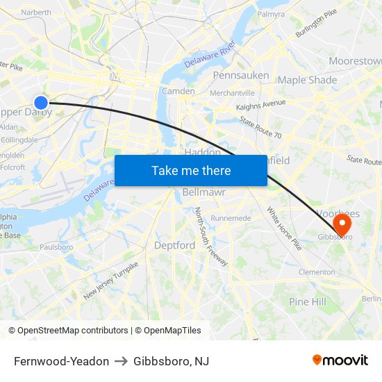 Fernwood-Yeadon to Gibbsboro, NJ map
