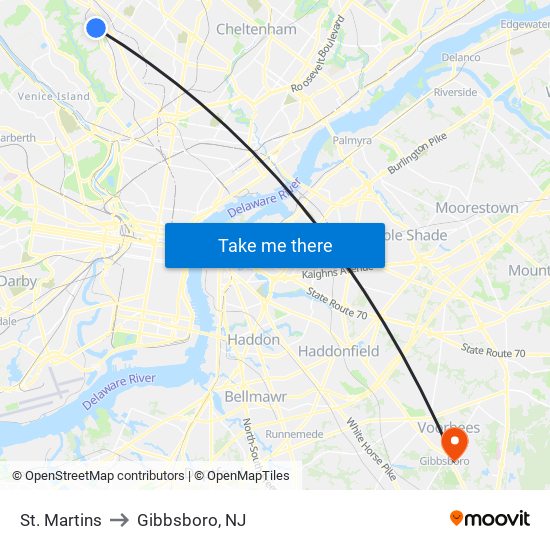 St. Martins to Gibbsboro, NJ map