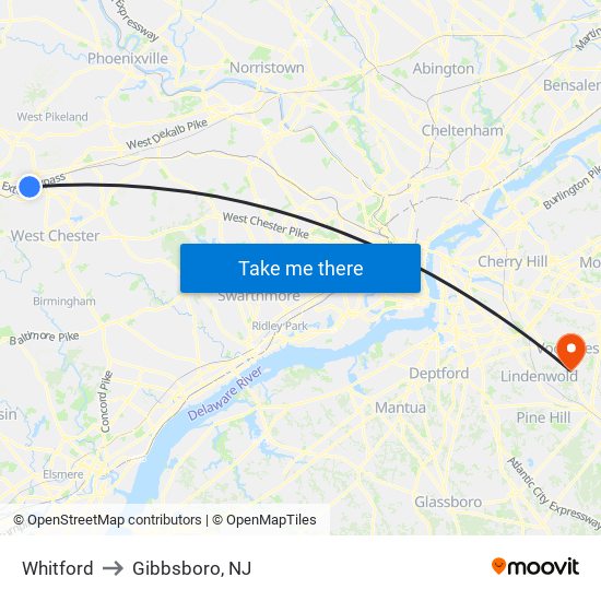 Whitford to Gibbsboro, NJ map