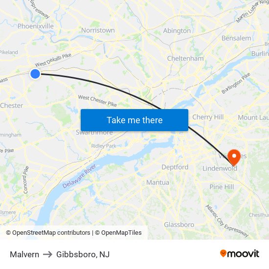 Malvern to Gibbsboro, NJ map