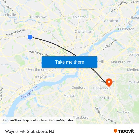 Wayne to Gibbsboro, NJ map