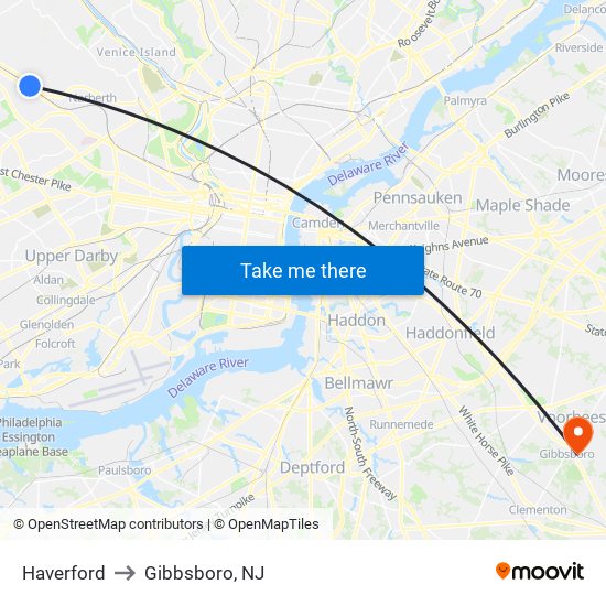 Haverford to Gibbsboro, NJ map