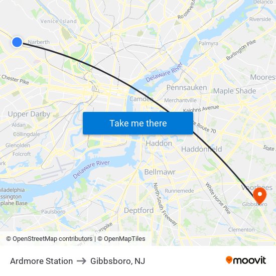 Ardmore Station to Gibbsboro, NJ map