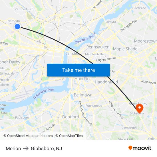 Merion to Gibbsboro, NJ map
