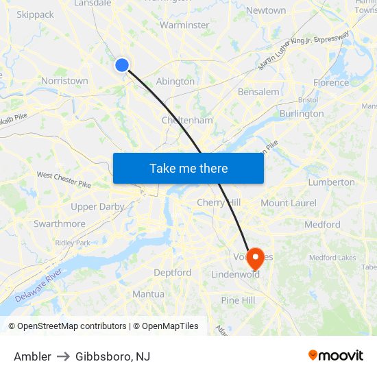 Ambler to Gibbsboro, NJ map