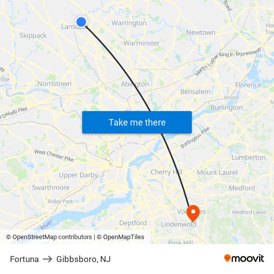 Fortuna to Gibbsboro, NJ map