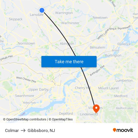 Colmar to Gibbsboro, NJ map