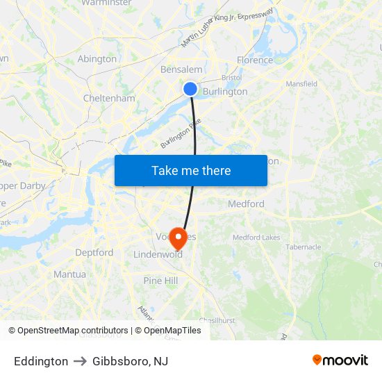 Eddington to Gibbsboro, NJ map