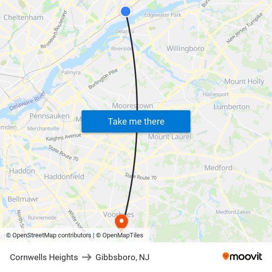 Cornwells Heights to Gibbsboro, NJ map