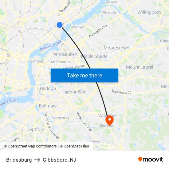 Bridesburg to Gibbsboro, NJ map