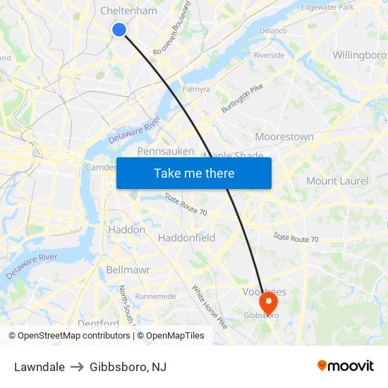 Lawndale to Gibbsboro, NJ map