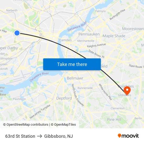 63rd St Station to Gibbsboro, NJ map