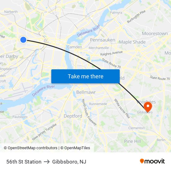 56th St Station to Gibbsboro, NJ map