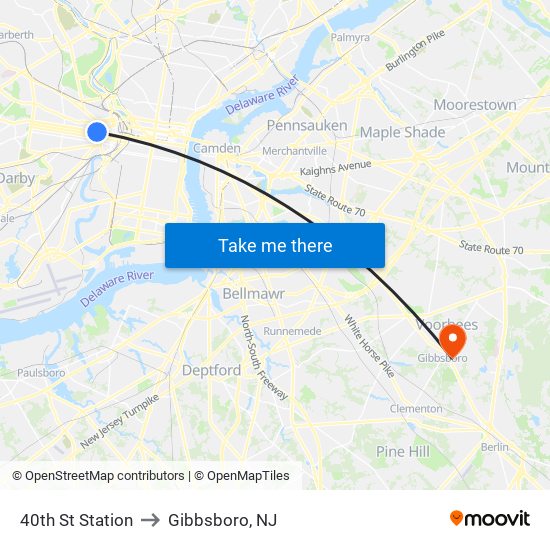 40th St Station to Gibbsboro, NJ map