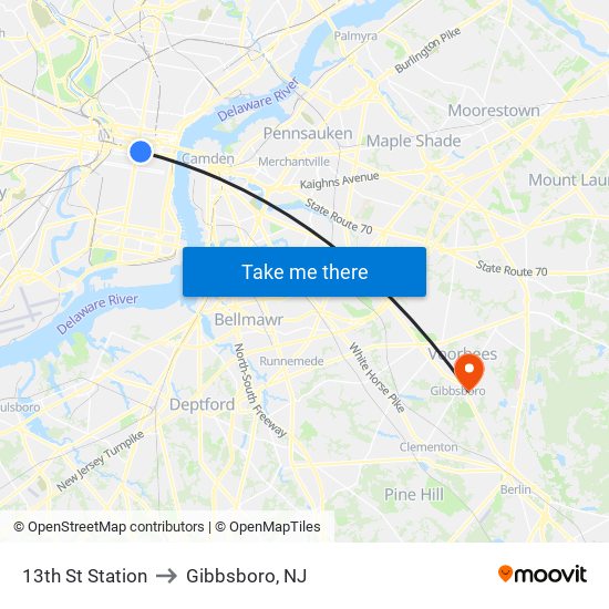 13th St Station to Gibbsboro, NJ map