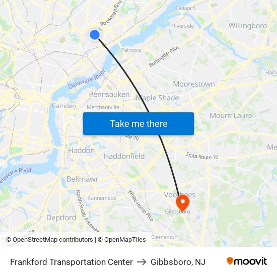Frankford Transportation Center to Gibbsboro, NJ map