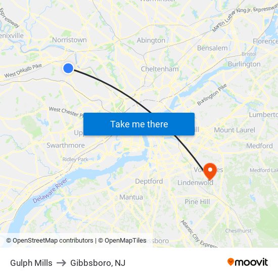 Gulph Mills to Gibbsboro, NJ map